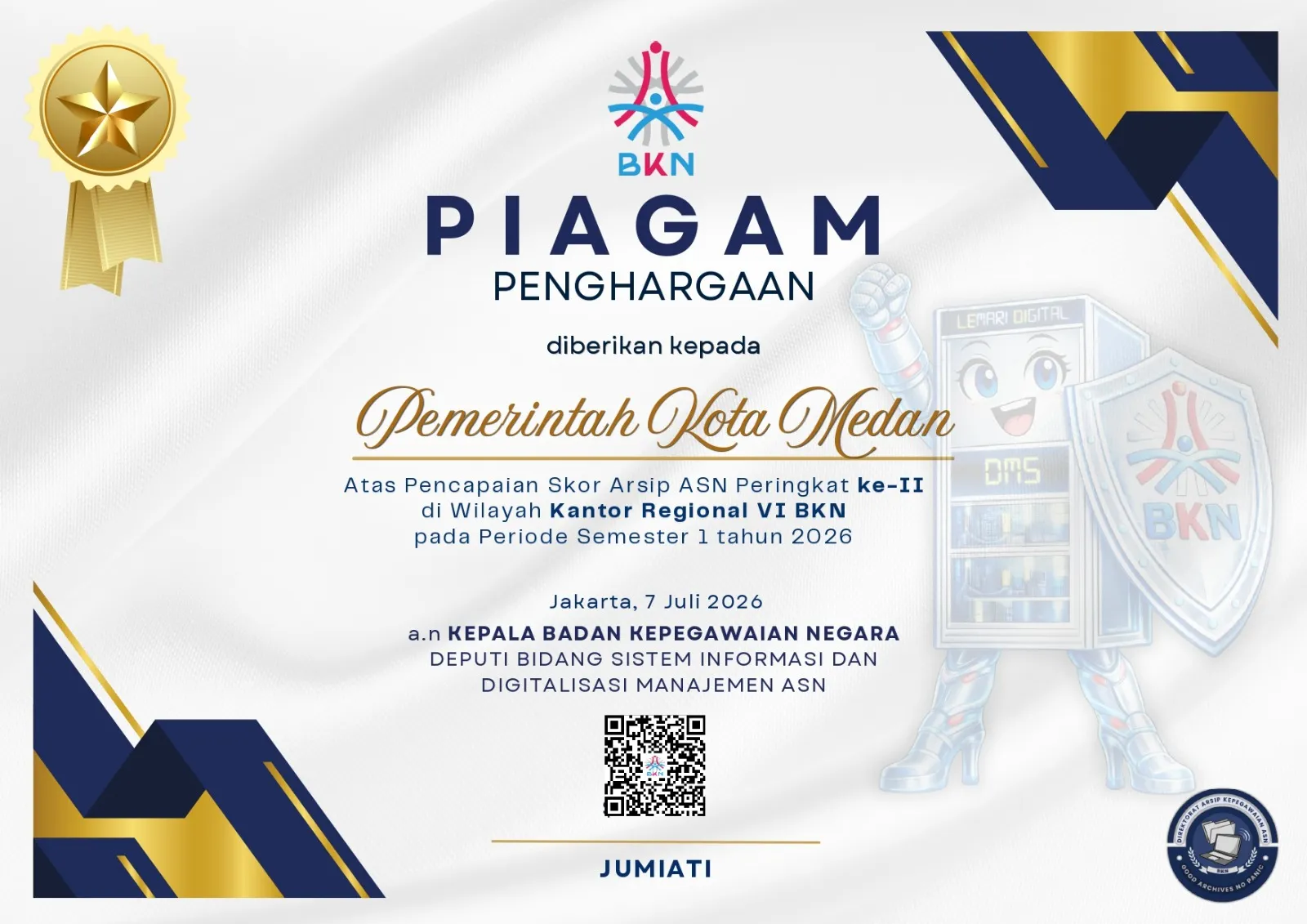 Pemko Medan Raih Peringkat II Skor Arsip ASN Terbaik Wilayah Kanreg VI BKN