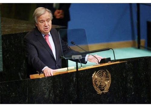 Sekretaris Jenderal PBB Antonio Guterres berpidato di Sesi ke-77 Majelis Umum PBB di Markas Besarnya di New York City, AS, Selasa ( 20/9/2022). (rtr)