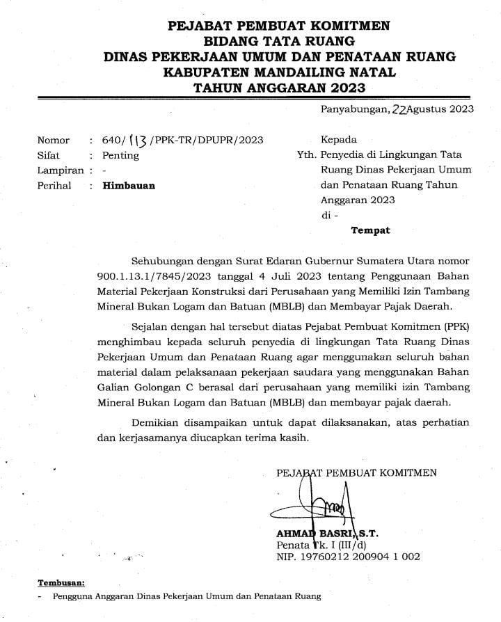 Teks foto Berita Sore/Ist Surat mbauan langsung diserahkan kepada penyedia di Bidang Tata Ruang Dinas PUPR Madina.