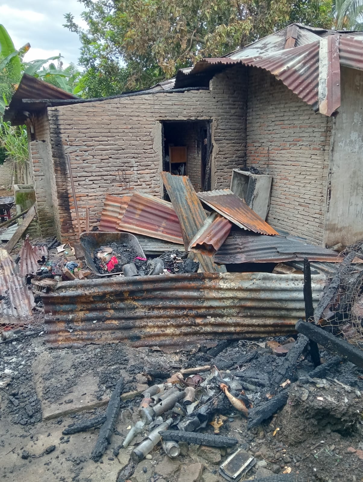 Teks fhoto: Rumah dan Sepedamotor  milik Taufiq Firmansyah Hutasuhut (17) seorang Pelajar warga Dusun I Desa Perkebunan Tanah Gambus, Kecamatan Lima Puluh Kabupaten Batu Bara ludes dilalap Sijago merah sekira Pukul 00.30 Wid Senin (23/12-2024) malam.beritasore/alirsyah